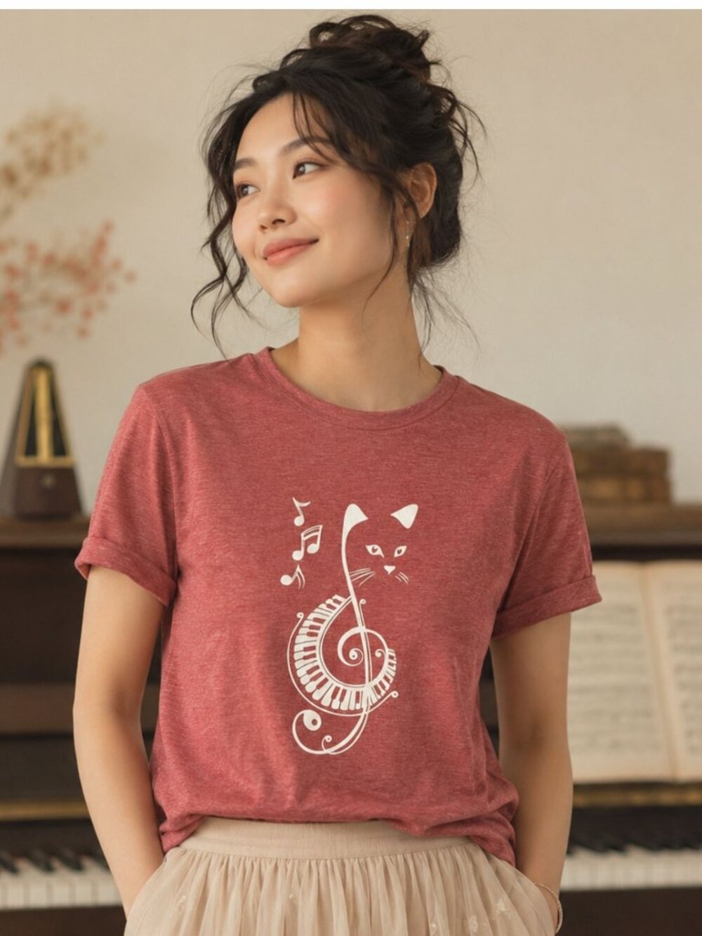 Treble Clef Cat Tee Womens L Heathered Brick Red Piano Music Shirt